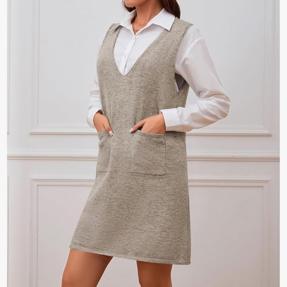 Women's Knitted Solid Sweater Dress V Neck Sleeveless Short with Pockets Brown - Picture 11 of 12